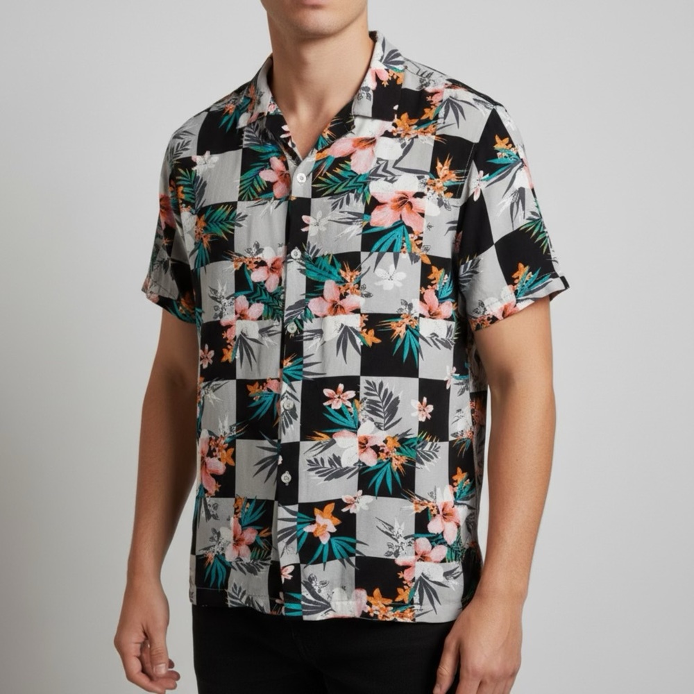 No Boundaries Black Floral Checkered Men's Shirt